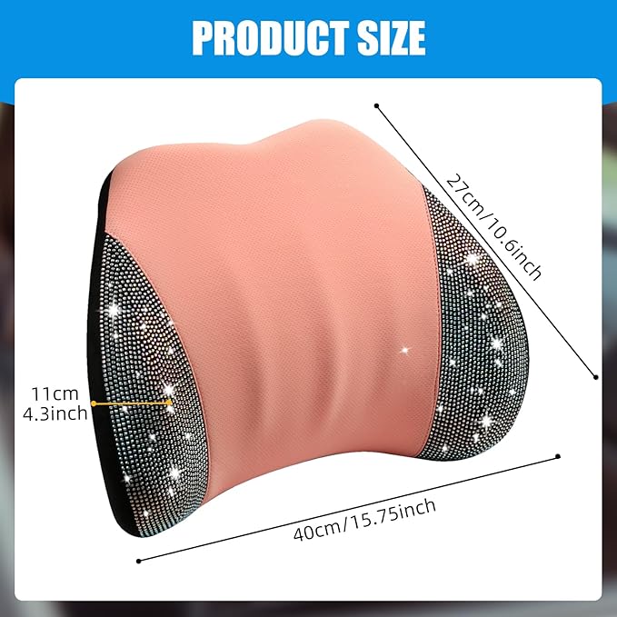 Lumbar Support Pillow with Diamond, Memory Foam Lumbar Pillow for Office Chair for Lower Back Pain Relief, Car Lumbar Support for Driving Seat, Back Support Pillow for car Chair (Pink)