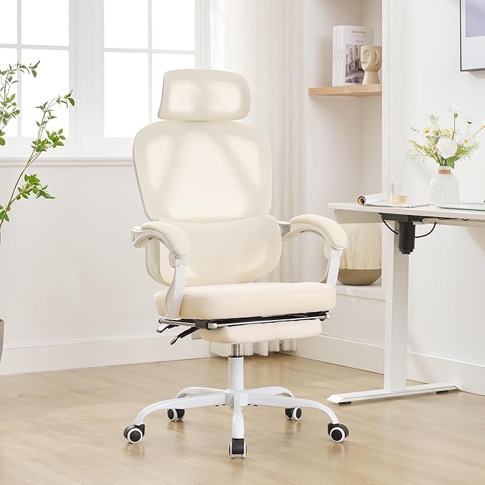 Mesh Ergonomic Office Chair with Footrest,90-135 Comfy Reclining Chairs,Home Office Desk Chair with Adjustable Lumbar Support & Headrest, High Back Computer Chair (Beige)