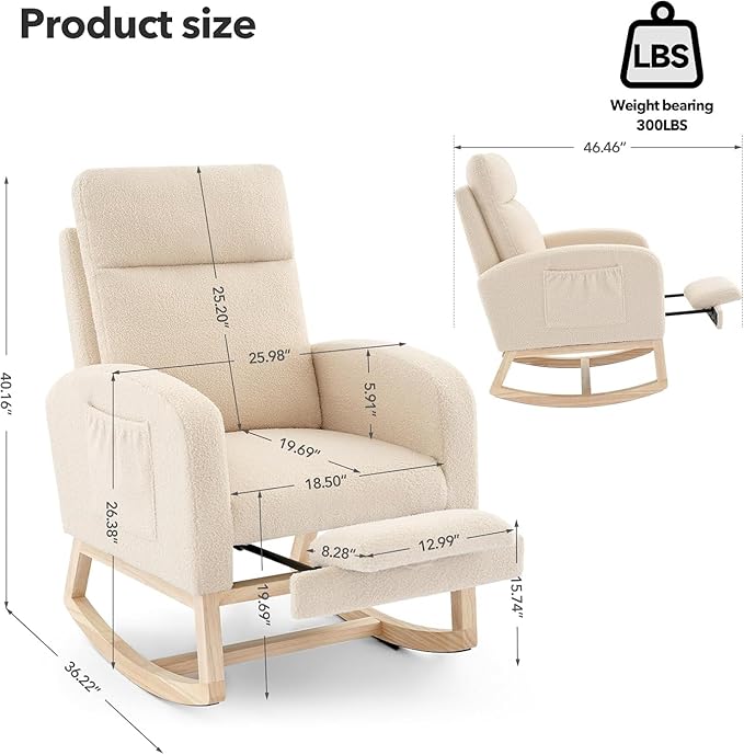 Rocking Chair Nursery Chairs with Foot Rest, Recliner Armchair with High Backrest& Wood Legs and Side Pocket for Living Room,Bedroom,Beige