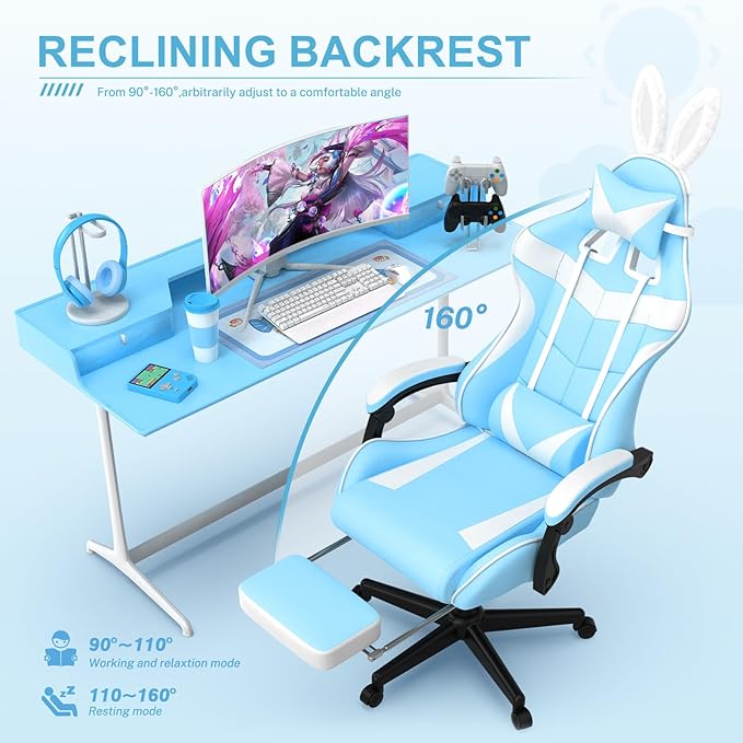 Soontrans Light Blue Gaming Chair with Footrest,Lovely Cute Bunny Computer Gamer Chair,Kawaii Desk Chair for Granddaughter,Sister,Girlfriend,Wife and Love