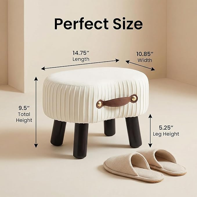 Small Footstool with Handle, Velvet Ottoman Foot Rest with Padded Seat, Curved Foot Stool with Wooden Legs, Portable Foot Rest for Living Room, Bedroom, Entryway, White