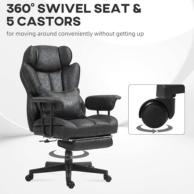 HOMCOM Massage Executive Office Chair with 6 Vibration Points, 400LBS Heated Big and Tall Office Chair with Foot Rest and Lumbar Support, Microfiber Reclining Computer Desk Chair, Black