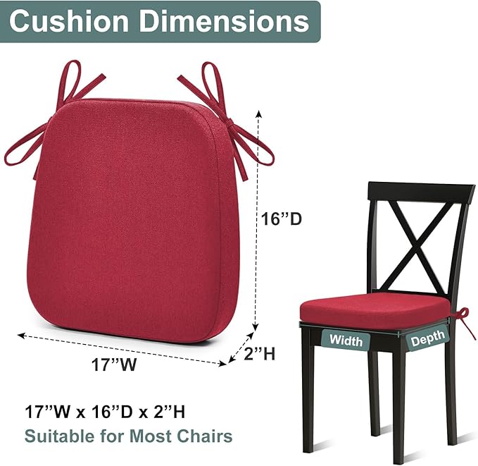 Shinnwa Dining Chair Pads Set of 6, Patented Design Memory Foam Kitchen Chair Cuhions with Ties and Washable Cover, 6 Pack, 17" x 16" x 2", Burgundy
