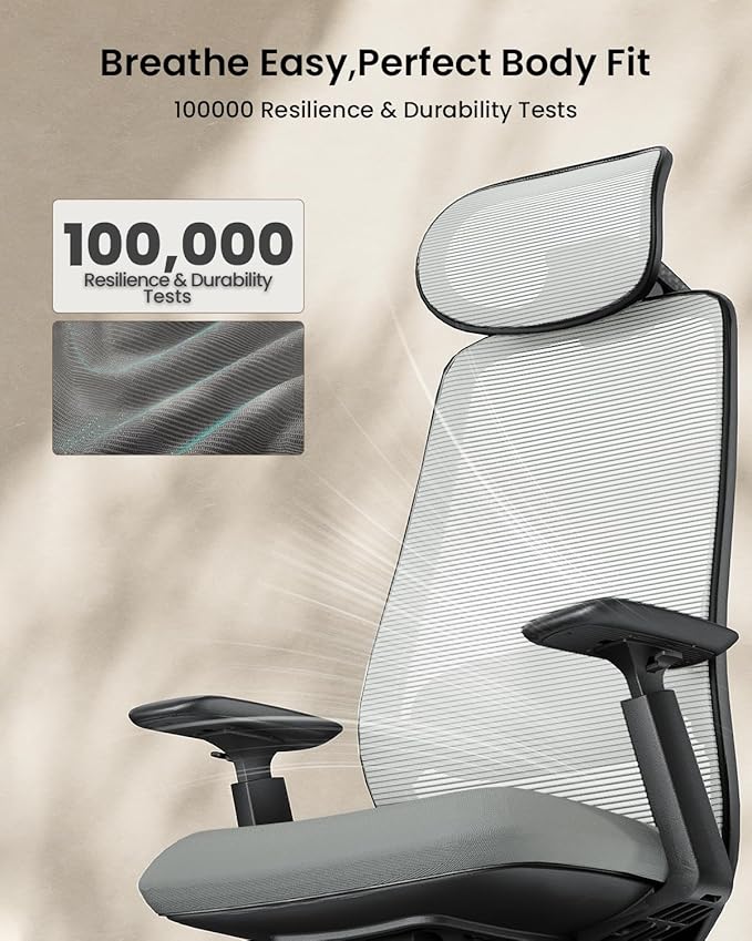 ProtoArc Ergonomic Office Chair – EC200 High-Back Mesh Computer Chair with Lumbar Support, 3D Adjustable Headrest & Sliding Seat for 8+ Hour Comfort, Big & Tall Home Office Desk Chairs - Light Grey