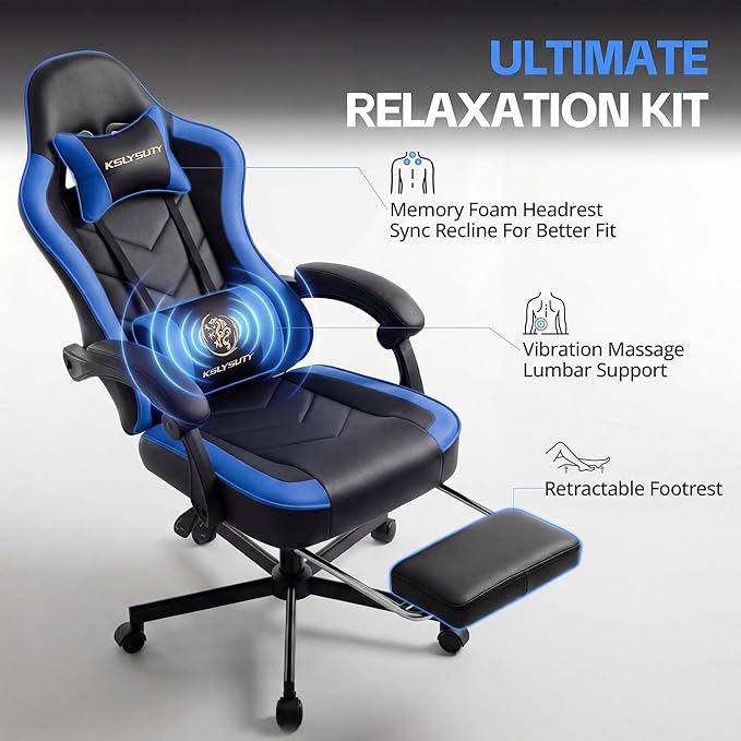 Desk Computer Gaming Chair - High Back Ergonomic Office Chair with Footrest and Lumbar Support, Swivel Comfy Home Gamer Video Game Chairs with Pocket Spring Cushion for Adults (Blue Leather)