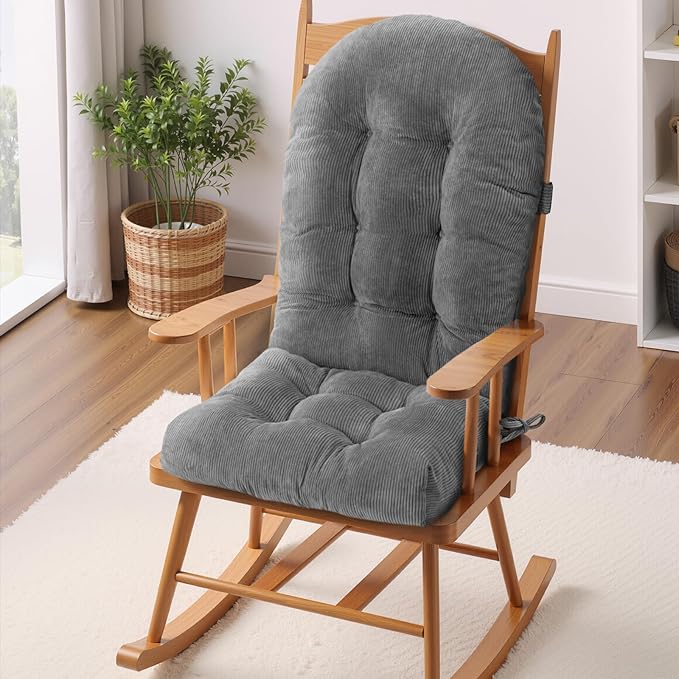 Rocking Chair Cushion - Corduroy Fabric, High-Density Sponge, Durable Comfort Non-Slip Bottom Tufted Seat Pads with Ties, Corduroy︱Grey, 44x19x4 inch