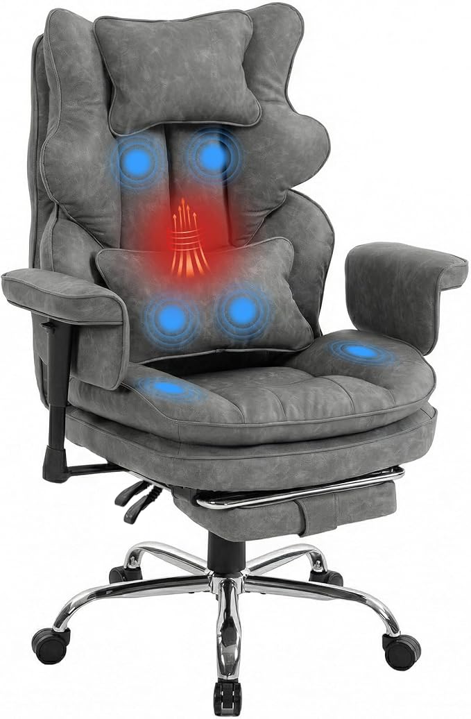 Big and Tall Massage Office Chair with Heat, Extra Wide Double-Layer Pocket Spring Cushion, High Back Reclining Gaming Chair with Adjustable Armrests & Footrest, Heavy Duty Ergonomic Chair, Gray