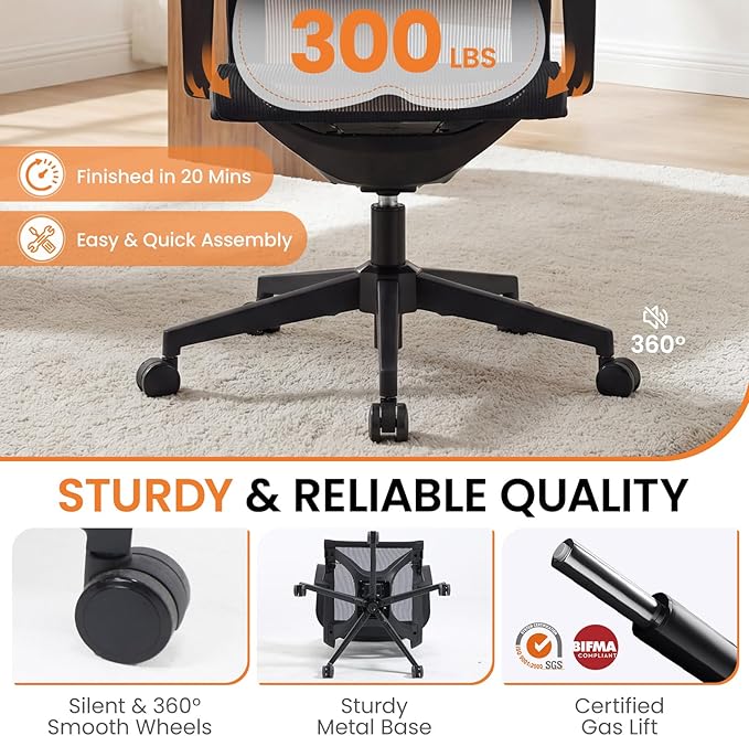 LuxErgo Ergonomic Mesh Office Chair, Mid Back Desk Chair with Lumbar Support & Armrests, Height Adjustable, 115° Recline, 360° Swivel Rolling Task Chairs for Home Office, Black