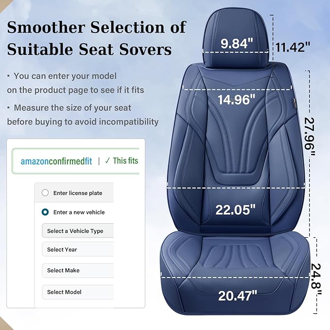 Coverado Car Seat Covers Full Set, 5 Piece Car Seat Protector with Lumbar Support & Removable Headrest, Breathable Leather Front Rear Seat Cushion Universal Fit for Truck Automotive Blue