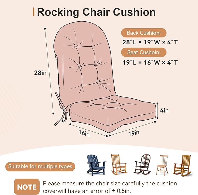 Rocking Chair Cushion - Velvet Fabric, High-Density Sponge, Durable Comfort Non-Slip Bottom Tufted Seat Pads with Ties, Velvet︱Dirty Pink, 44x19x4 inch