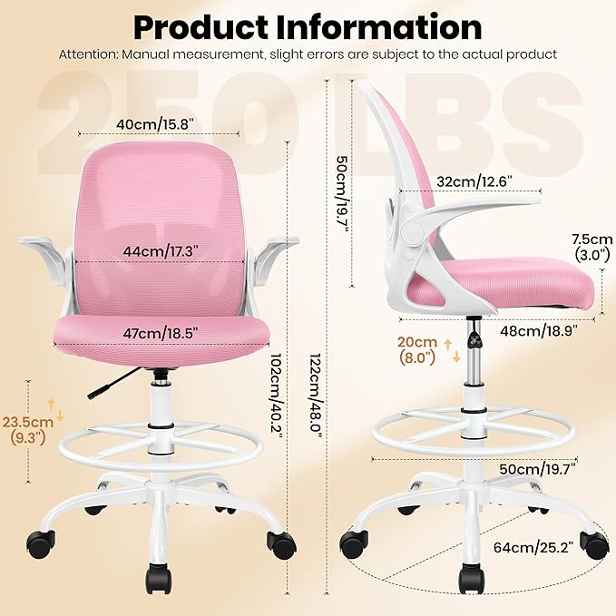Primy Drafting Chair Tall Office Chair with Flip-up Armrests Executive Ergonomic Computer Standing Desk Chair with Lumbar Support and Adjustable Footrest Ring (Pink)