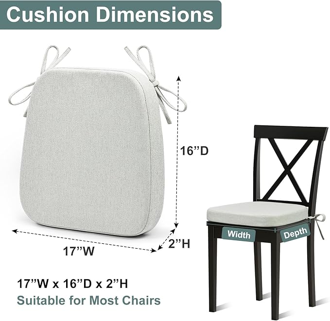 Shinnwa Dining Chair Cushions Set of 4, Patented Design Memory Foam Kitchen Chair Pads with Ties and Washable Cover, 4 Pack, 17" x 16" x 2", Off White