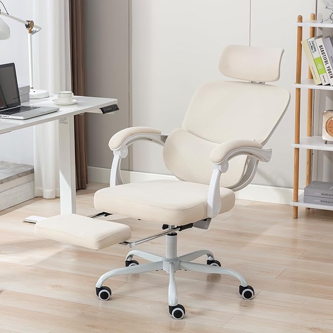 Mesh Ergonomic Office Chair with Footrest,90-135 Comfy Reclining Chairs,Home Office Desk Chair with Adjustable Lumbar Support & Headrest, High Back Computer Chair (Beige)