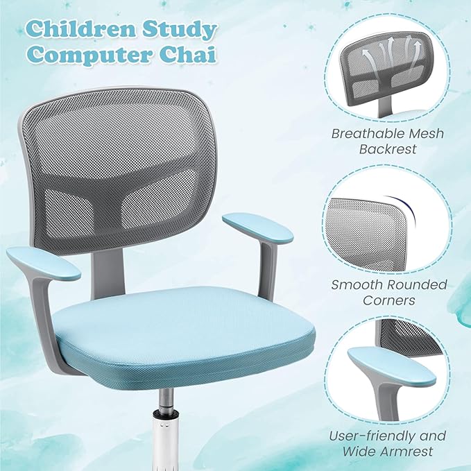 Giantex Kids Desk Chair, Ergonomic Adjustable Teen Task Chair w/Y-Shaped Lumbar Support, Armrest & Universal Wheels, Mesh Kid Office Chair for Sturdy, Kids Computer Chair for Boys & Girls 4-12, Blue