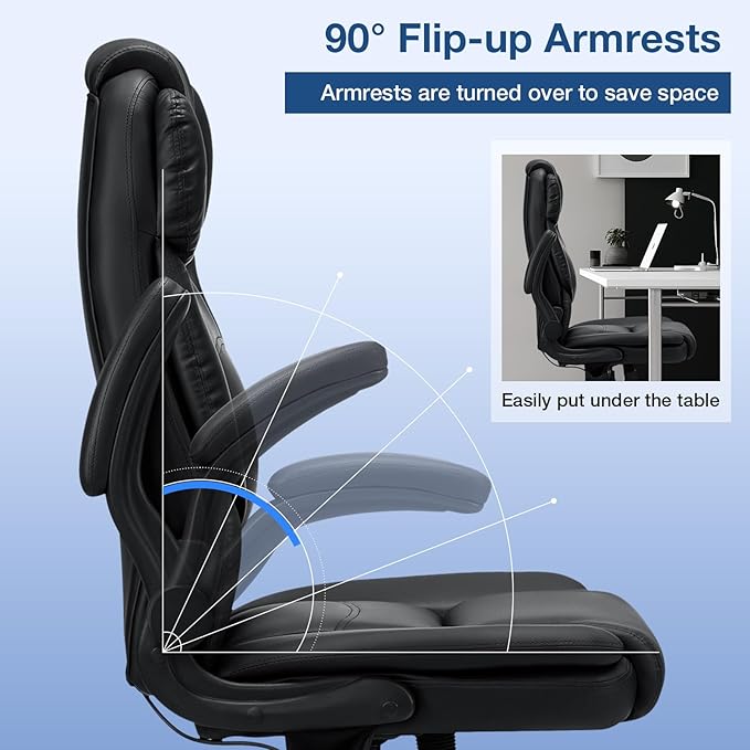 450lbs Executive Office Chair with Inflatable Lumbar Support, Heavy Duty Office Chair for Heavy People, Big and Tall Ergonomic Comfy Chair with Flip-Up Armrests, Breathable PU Leather (Black)