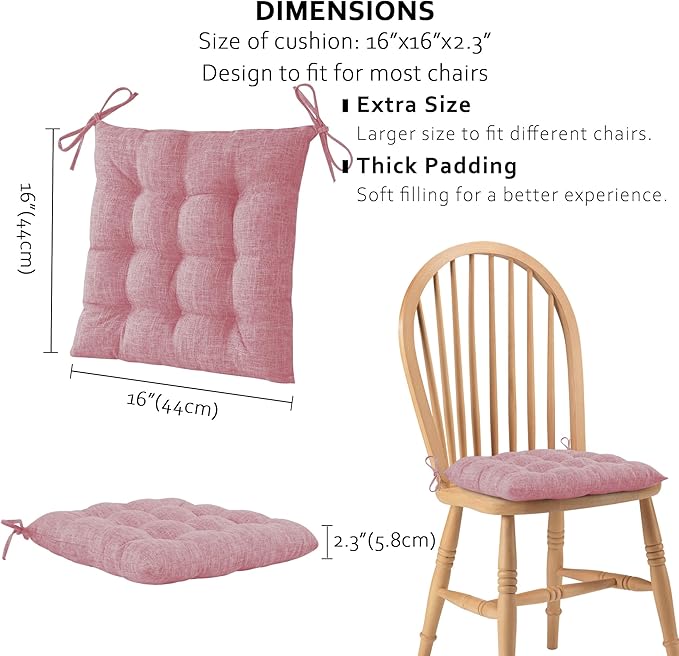 ELFJOY 4 Pack Chair Cushions for Dining Chairs Chair Pads Cushion for Kitchen Office Tufted Textured Square Seat Cushion with Ties (16" Light Pink)
