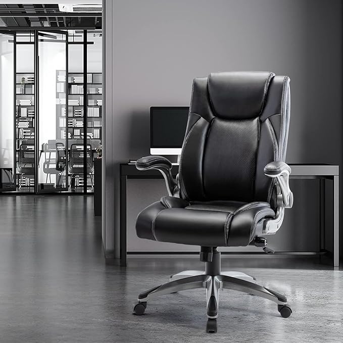 MALOL Executive Office Ergonomic Chair with Thick Bonded Leather, Flip-up Armrests, High Back Adjustable Height and Tilt for Working, Study, Gaming