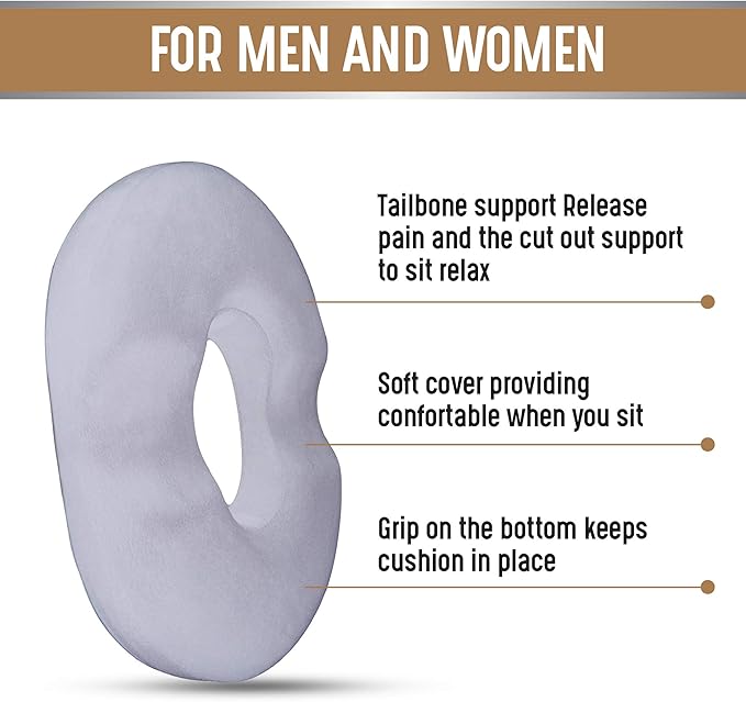 Donut Pillow Seat Cushion Orthopedic Design| Tailbone & Coccyx Memory Foam Pillow | Relieve Pain and Pressure for Hemorrhoid, Pregnancy Post Natal, Surgery, Sciatica (Grey)