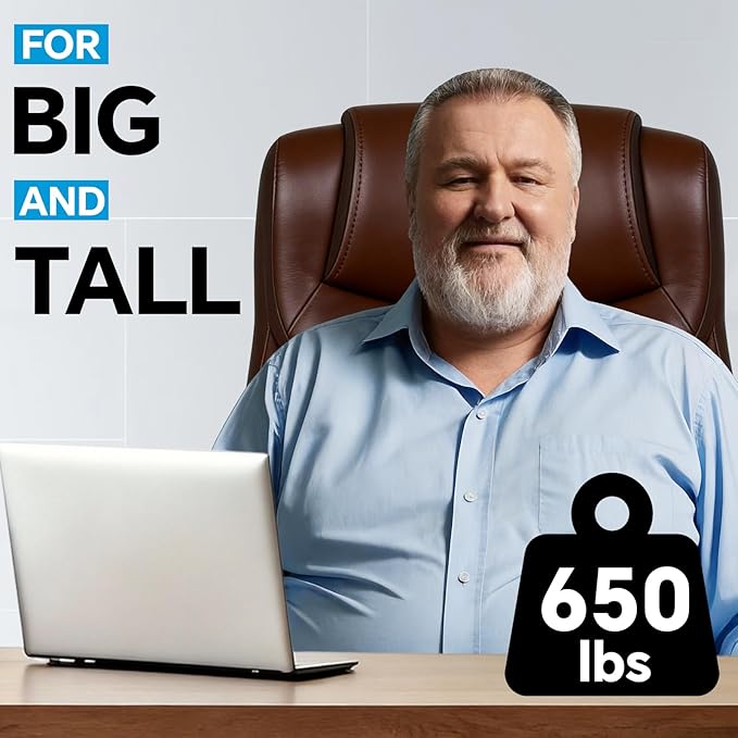 Big and Tall Office Desk Chair with 5-Position Armrests, 650 LBS Heavy Duty Executive Office Chair Comfy, Extra Wide Seat, High Back Computer Chair with Lumbar Support, Reclining Tilt Lock (Brown)