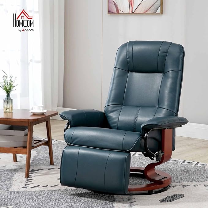 HOMCOM Swivel Recliner Chair, PU Leather Reclining Armchair with Retractable Footrest, Lounge Chair with Wood Base and Adjustable High Back for Small Spaces, Living Room, RV, Bedroom, Blue