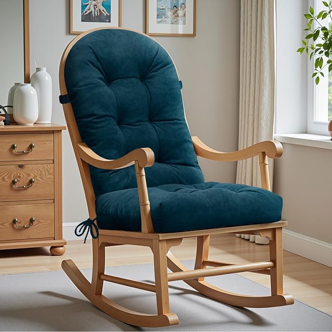 Rocking Chair Cushion - Velvet Fabric, High-Density Sponge, Durable Comfort Non-Slip Bottom Tufted Seat Pads with Ties, Velvet︱Dark Blue, 44x19x4 inch