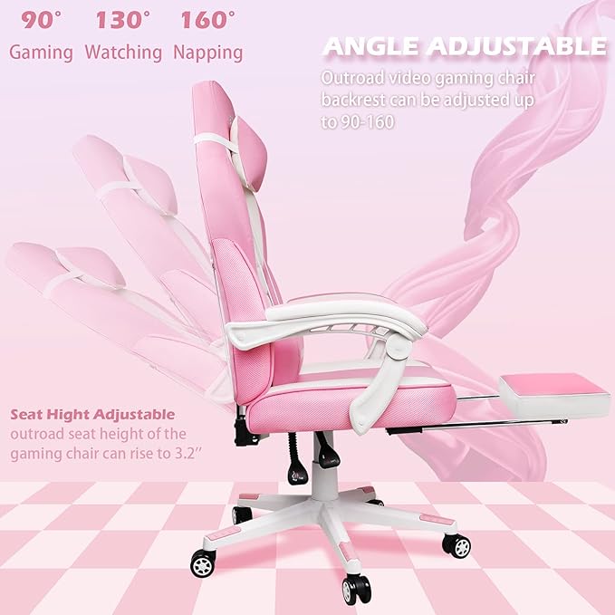 LEMBERI Pink Gaming Chair with footrest, Kawaii Cute Pink Gamer Chair for Girl,Girls Video Game Chairs,Computer Gaming Chair with Headrest and Lumbar Support