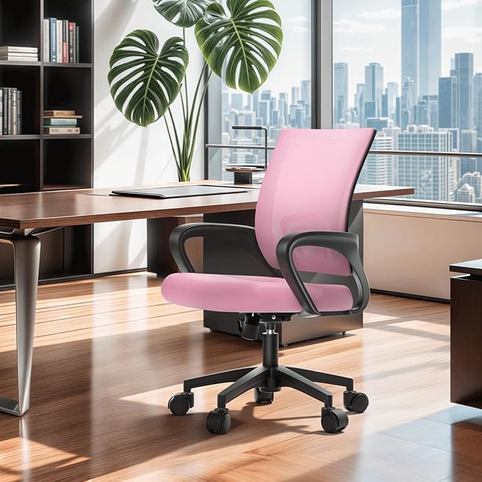 MoNiBloom Mesh Office Chair, Ergonomic Computer Chair for Adults, Rolling Swivel Mid-Back Desk Chair with Lumbar Support, Comfy Armrest for Home Office, Gaming, Pink