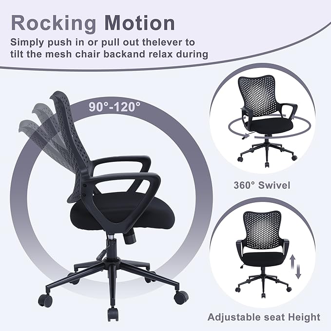 Ergonomic Office Chair, Breathable Mesh Computer Desk Chair with Armrests, Rolling Swivel Task Chair, Butterfly Back Design for Home Office, Adults and Teens (Black)