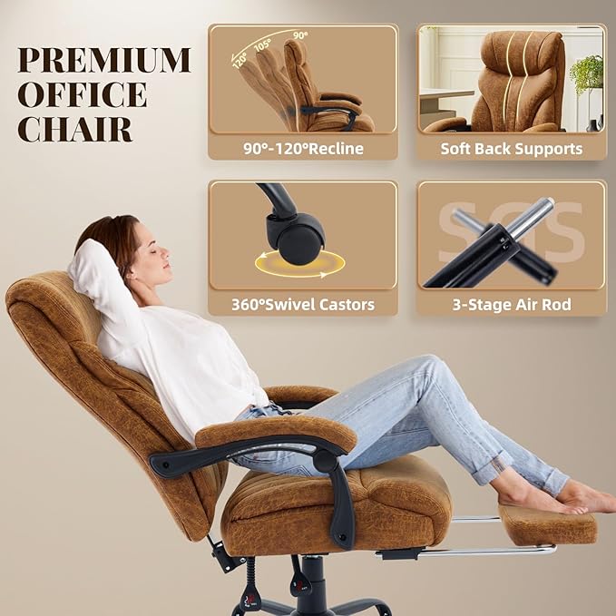 Garvee Comfortable Office Desk Chair 500 LBS, Big and Tall Office Chairs with Adjustable Flip-up Armrests,100-118°Recline Executive Leather Gaming Chair for Heavy People, Long Hours,Brown