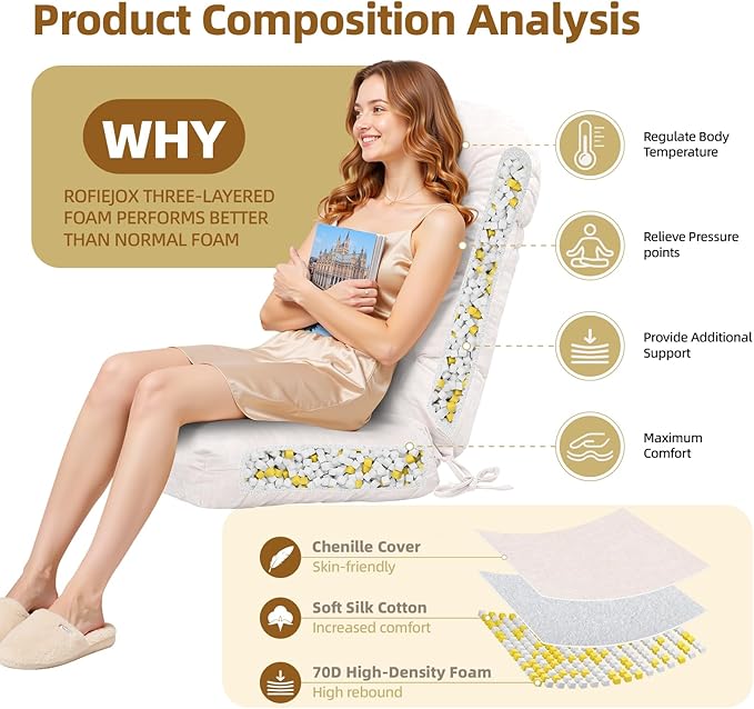 Rocking Chair Cushion - Chenille Fabric, High-Density Sponge, Durable Comfort Non-Slip Bottom Tufted Seat Pads with Ties, Chenille︱White, 44x19x4 inch
