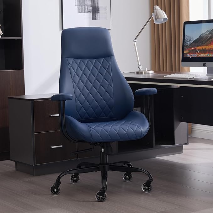 E-Motie Office Chair with Rubber Wheels, Ergonomic Computer Chair 500 lbs, Leather Desk Chair with Lumbar Support, Executive Chair Adjustable Height & Recline, Blue
