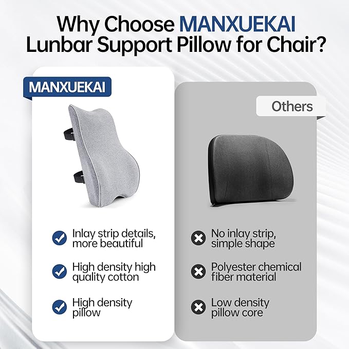 Lumbar Support Pillow for Office Chair Car Seat Gaming Chair, Memory Foam Back Support Pillow, Lumbar Cushion Back Cushion for Lower Back Pain Relief, Adjustable Strap Washable Cover-Light Grey