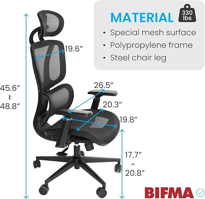 FOH Ergonomic Mesh Office Chair with Breathable Mesh, Computer Desk Chair, Ergonomic Task Chair with Adjustable Backrest Lumbar Support, Armrests and 360°Rotation for Home Office
