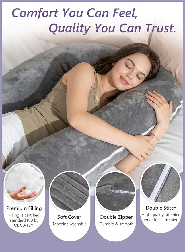 Meiz Question Mark Body Pillow for Adults & Couples, Full Body Support for Side Sleepers, Back & Pregnancy, with Detachable Heart Cushion, Soft Velvet Cover, Classical Grey