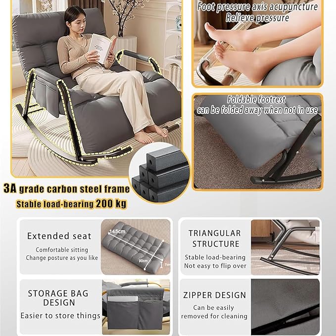 Outdoor Recliner Chair-Winter/Summer Dual Use Balcony Chair，180°Adjustable Backrest and Footrest with Removable Padding and Side Pockets for Living Room Balcony Porch Patio