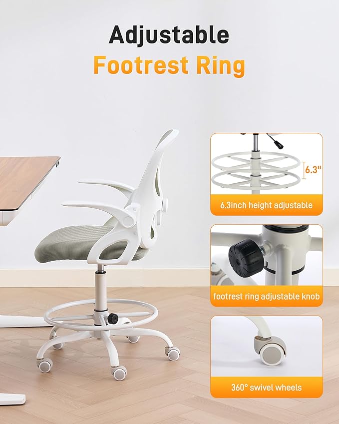 LukkDys Drafting Chair with 4D Multi-Adjustable Backrest, Tall Office Chair 19.7"-27.6" Seat Height, Ergonomic Standing Desk Chair with Flip-up Arms, Foot Ring, Grey&White