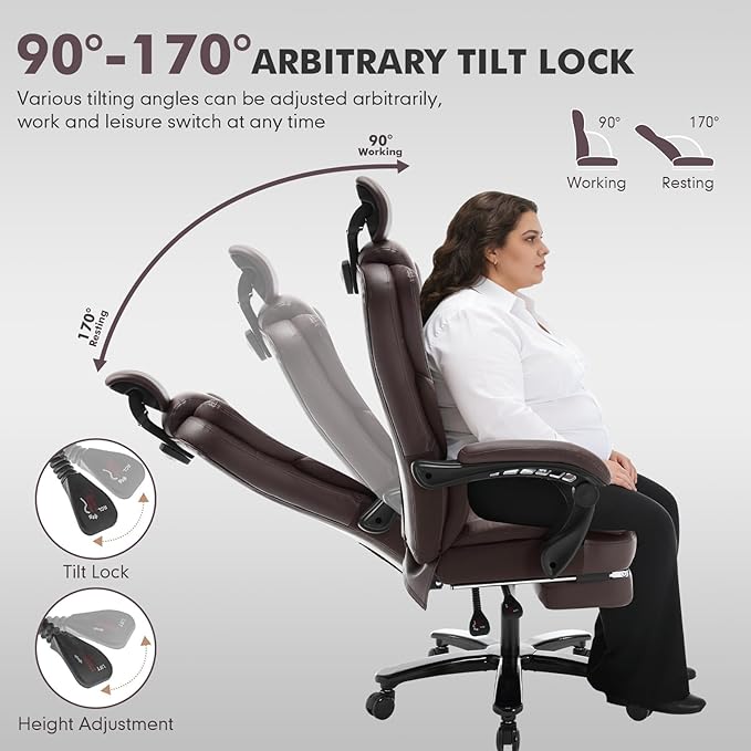 400lbs Reclining Office Chair with Footrest, PU Leather Big and Tall Heavy Duty Ergonomic Gaming Chair with Leg Rest, Brown