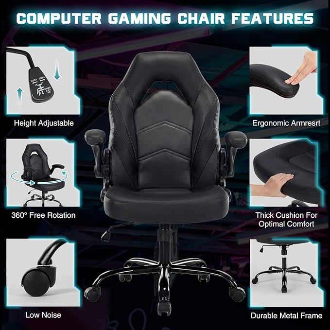DUMOS Ergonomic Computer Gaming Chair - Home Office Desk with PU Leather Lumbar Support, Height Adjustable Big and Tall Video Game with Flip-up Armrest, Swivel Wheels for Adults, Black