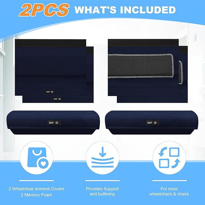 SPRING SEAON Wheelchair Accessories Armrest Covers (Pair), Short Plush Memory Foam Pads, Non-Slip Bottom, Wide Hook-and-Loop Straps, Washable, for Wheelchair/Transport/Office/Gaming Chairs, Navy Blue