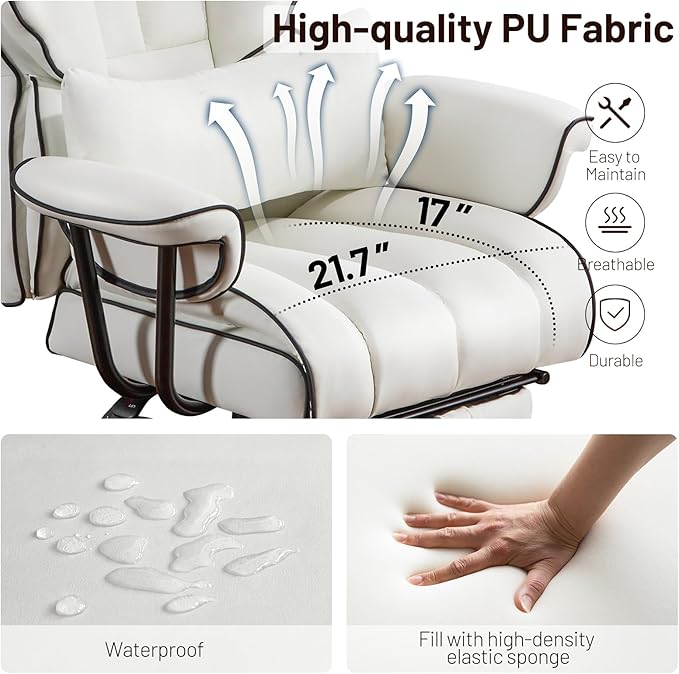 Furniliving Big and Tall Executive Office Chair- Ergonomic, Reclining Desk Chair with Footrest Lumbar Pillow, Height Adjustable Back Leather Chair for Home Office, Pure White