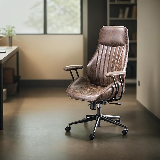 High Back Home Office Chair, Mid Century Vintage Executive Chair,Comfy Ergonomic Rolling Office Task Chair with Lumbar Support,Brown Faux Leather Office Chair,Dark Brown