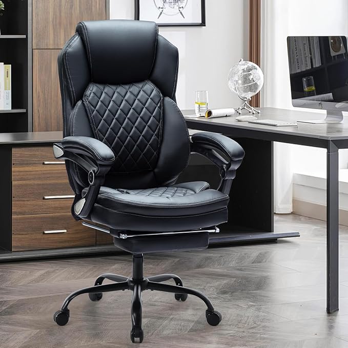 400lbs Reclining Office Desk Chairs with Footrest PU Leather Big Tall High Back Recliner Office Chairs with Wheels, Plus Size Managerial Executive Chair (Black)