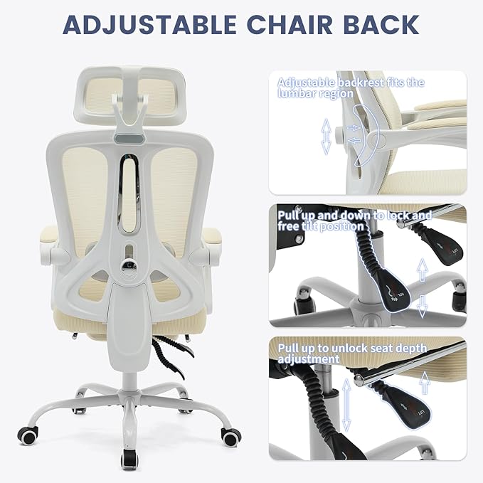 Ergonomic Office Chair,Swivel Task Chair with Adjustable Lumbar Support,Home Office Chair with Footrest,Mesh High Back Gaming Chair Off White