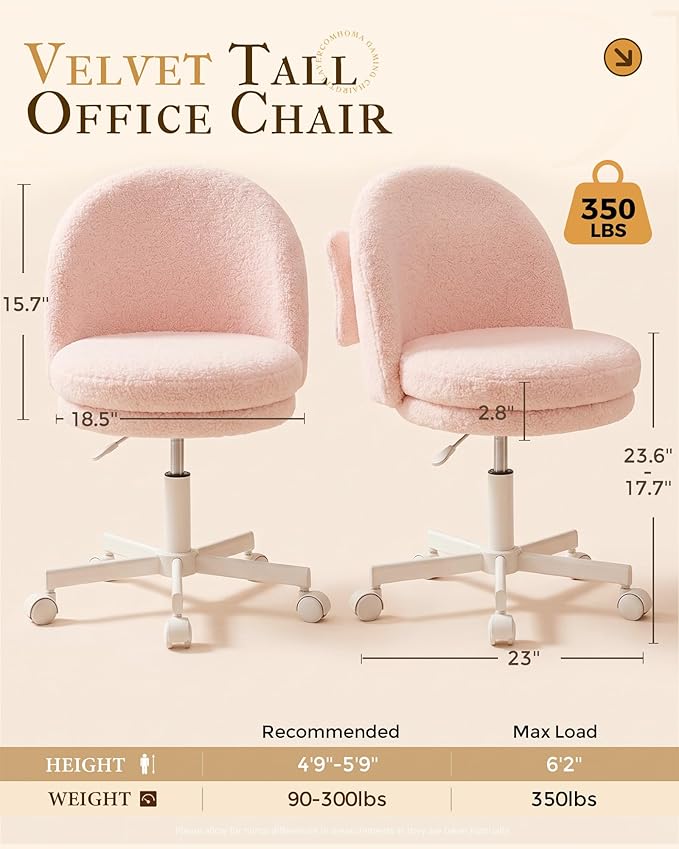 COMHOMA Vanity Chair with Wheels Velvet Tall Office Chair with Back,Armless Desk Chair Comfy Height Adjustable, Soft Lumbar Support for Girls Bedroom Home Vanity Bow Pillow for Gift Pink