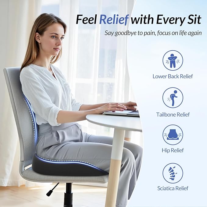 ZIKEE Ergonomic Seat Cushion with Thigh Relief Slope, High-Density Memory Foam Office Chair Cushions with U-Shaped Back for Tailbone, Sciatica Pain Relief, Suitable for Car Seat, Airplane, Bleacher