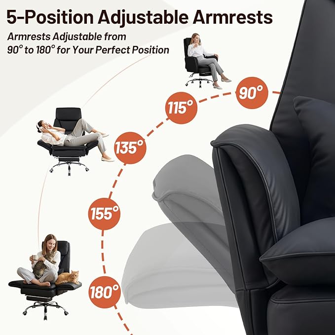 Furniliving Big and Tall Office Chair, Ergonomic Computer Desk Chair with Footrest, Wide Seat Reclining Gaming Chair, Flip Armrests for Cross Legged Sitting, Heavy Duty Support up to 400LBS, PU, Black
