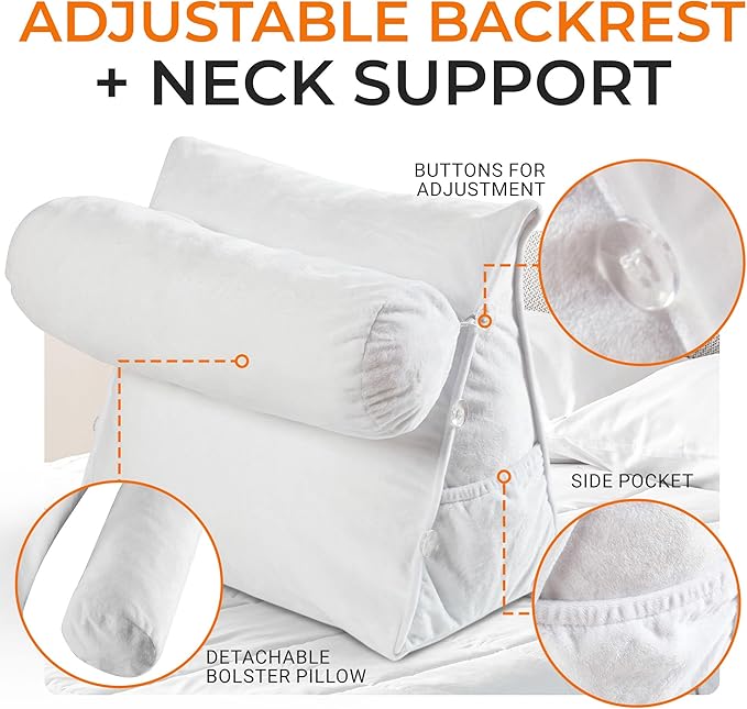 Cheer Collection Reading Wedge Pillow - Adjustable Wedge Reading Pillow with Neck Support, Hollow Fiber-Filled Backrest Pillow for Reading, Gaming, and TV Watching, White