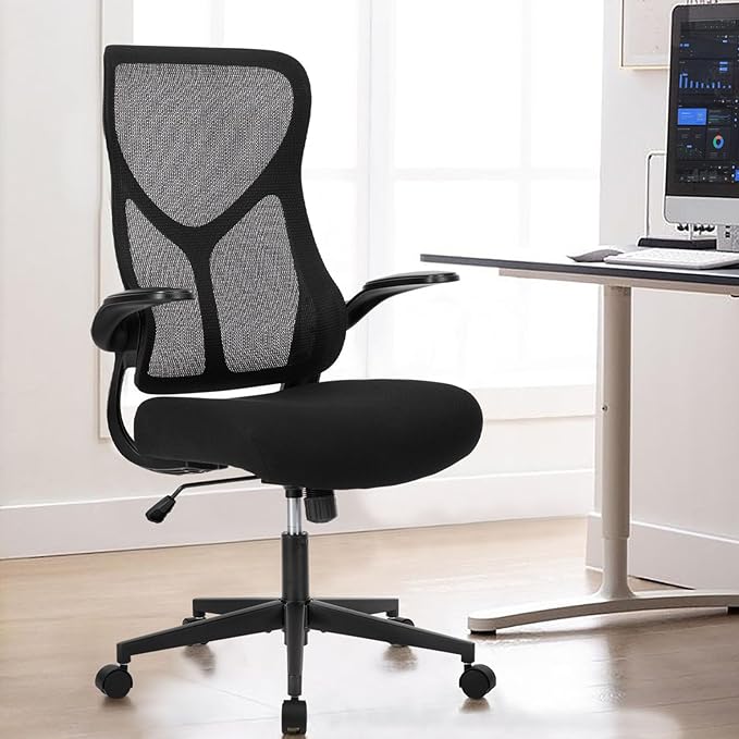 DUMOS Home Office Desk Chair - Ergonomic High Back Mesh Computer Chair with Comfy Flip-up Armrests, Adjustable Height Swivel Task Chair with Wheels, Comfortable Lumbar Support, for Adults, Black