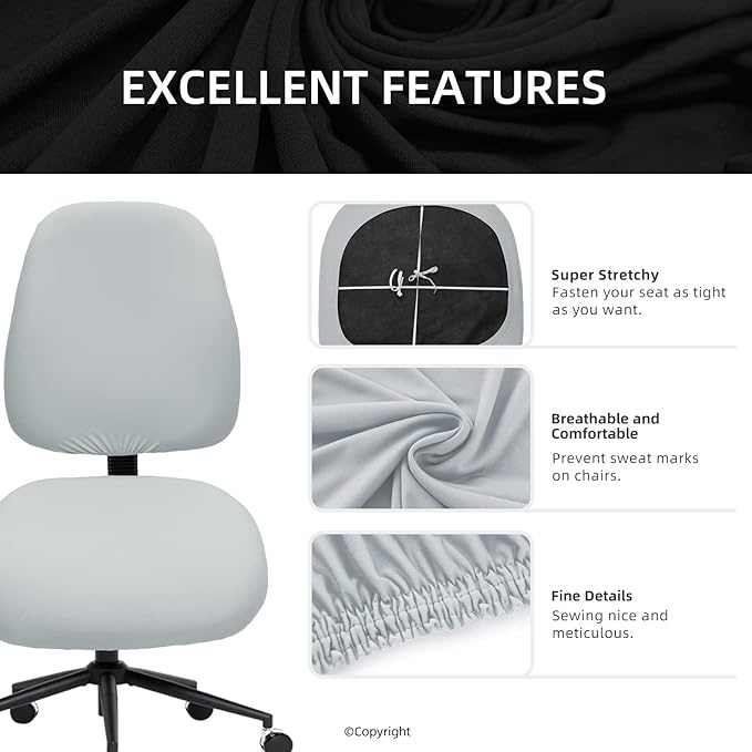 Stretchable Separate Office Chair Seat Covers - Universal Stretch Computer Chair Slipcover - Washable Rotating Backrest Coverings & Cushion Protectors for Dogs, Cats, Pets, Light Gray
