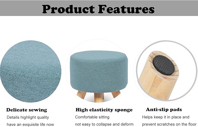 Homebeez Round Ottoman Foot Rest Stool, Small Fabric Footstool with Non-Skid Wood Legs, Blue